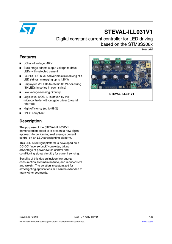 ST STEVAL-ILL031V1 Digital Constant-Current Controller for LED Driving Based on STM8S208x - Page 1