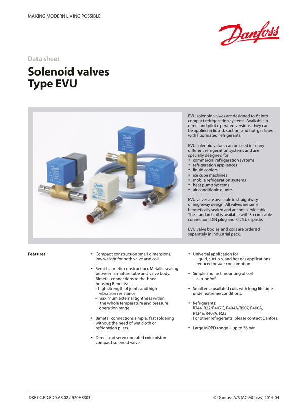 Danfoss Solenoid Valves, Type EVU 1-8 Normally Closed (NC) Datasheet - Page 1