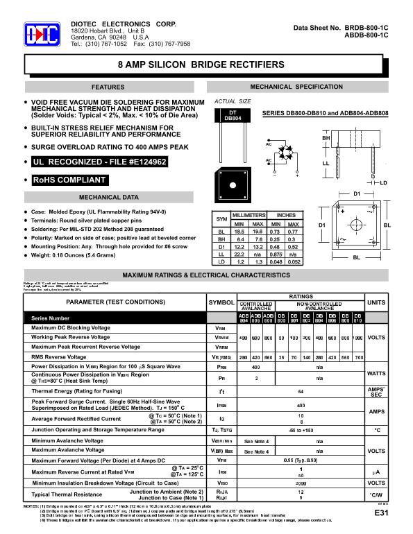 DIOTEC ELECTRONICS CORP 8 AMP SILICON BRIDGE RECTIFIER DATA SHEET - Page 1