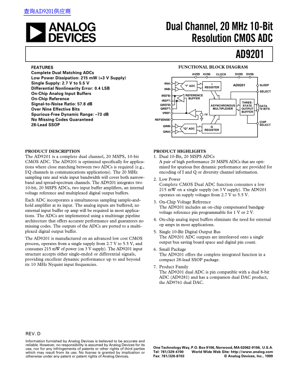 AD9201 Dual Channel, 20 MHz 10-Bit Resolution CMOS ADC Data Sheet Owner's Manual - Page 1