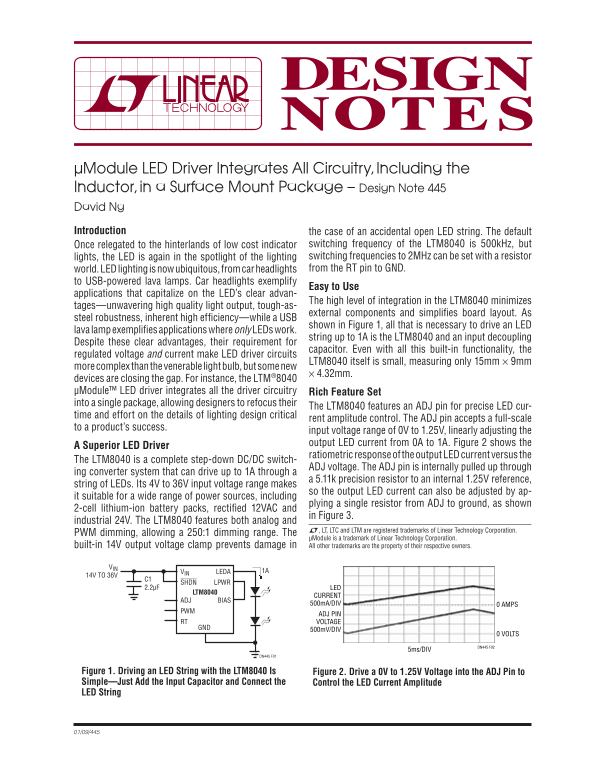 LINEAR µModule LED Driver with Integrated Circuitry, Including Inductor, in a SMT Package - Design Note 445 by David Ng. Owner's Manual and User Guide. - Page 1