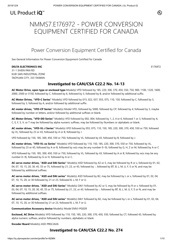 Delta Industrial Automation AC Servo System ASDA-A3 Series Safety Certificate - Page 1