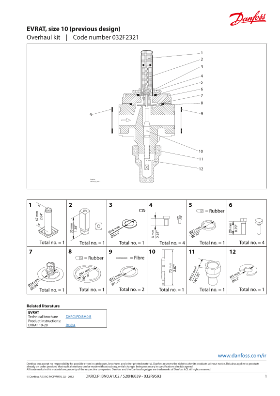 Danfoss Overhaul Kit, EVRAT, Size 10 (Previous Design) - Code Number 032F2321 Installation Guide - Page 1