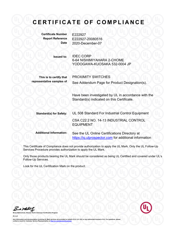 IDEC SA1U (c-UL) Certification and Standards - Page 1