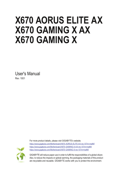 X670 AORUS ELITE AX (Rev.1.0) User Manual English (Version 1001) - Page 1