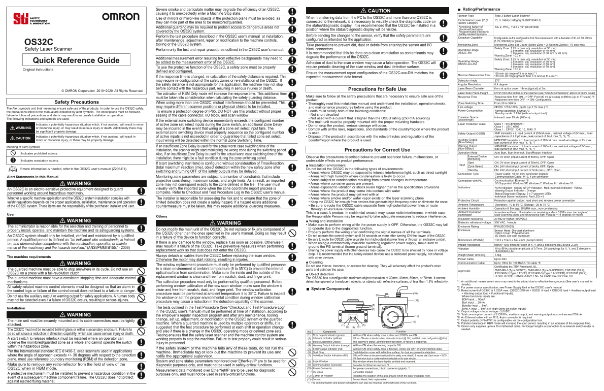 OMRON Safety Laser Scanner OS32C OS32C Safety Laser Scanner Instruction Sheet (Quick Reference Guide) - Page 1