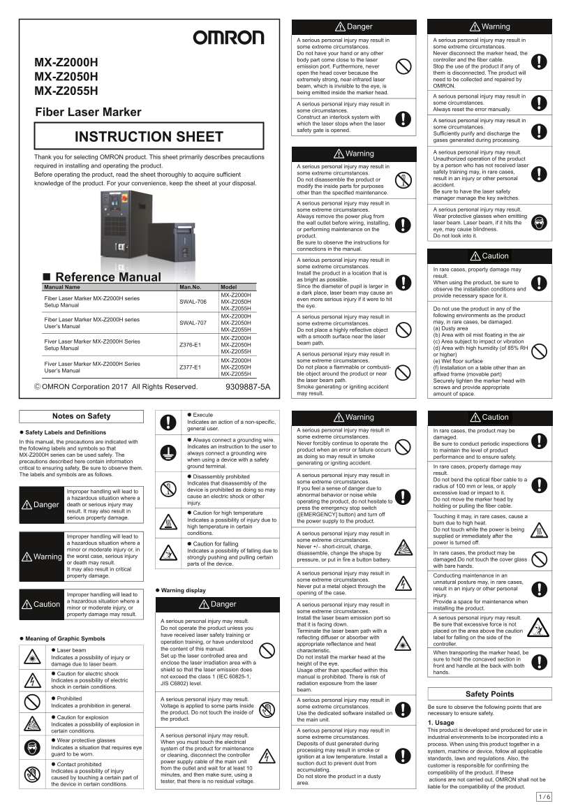 OMRON Power Supply Other MX-Z2000H Series Fiber Laser Marker MX-Z2000H Series MX-Z2000H Z2050H Z2055H Fiber Laser Marker Instruction Sheet - Page 1