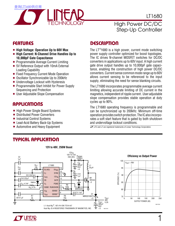 LINEAR LT1680 High-Power DC-DC Step-Up Controller Data Sheet User Manual - Page 1