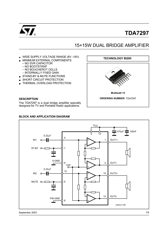 ST TDA7297 15+15W Dual Bridge Amplifier Data Sheet User Manual - Page 1