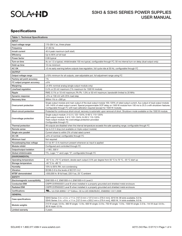 EMERSON Product Manual S3H3 and S3H5 SolaHD - Page 1