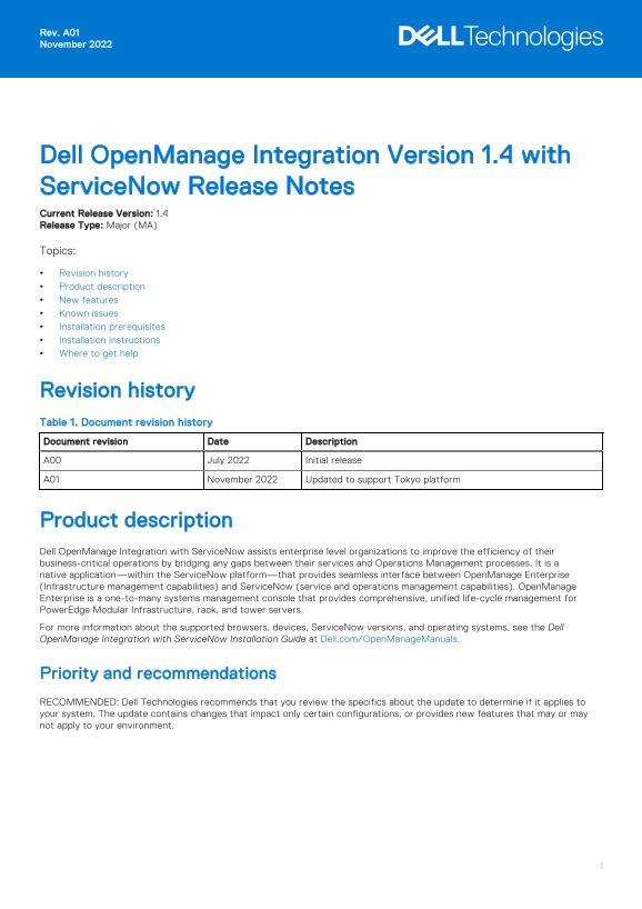 Dell OpenManage Integration Version 1.4 with ServiceNow Release Notes - Page 1