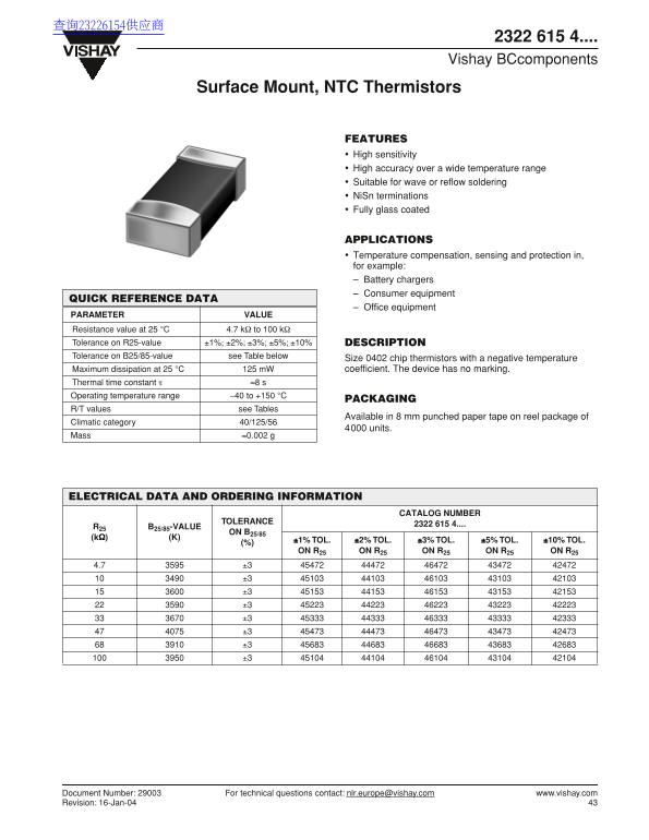 Vishay 2322 615 4... Data Handbook & Specifications - Page 1