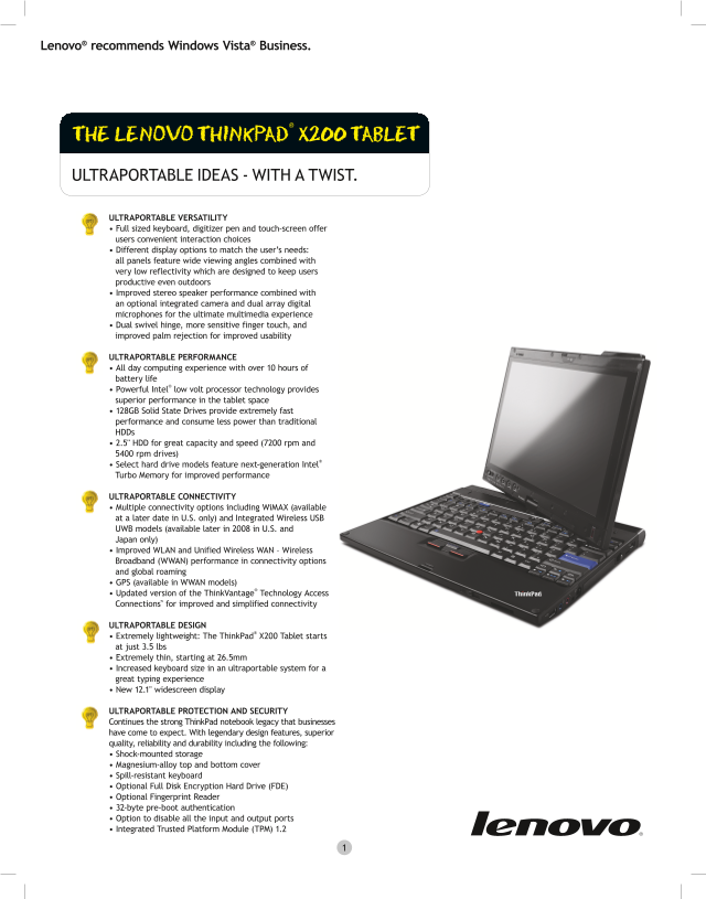 Lenovo recommends Windows Vista Business Owner's Manual and User Guide - Page 1