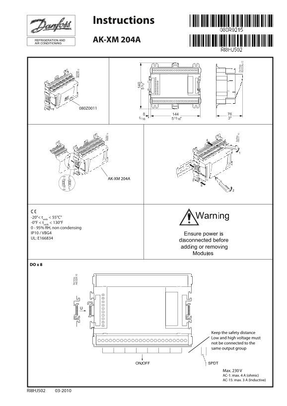 Danfoss Instructions AK-XM 204A Installation Guide - Page 1