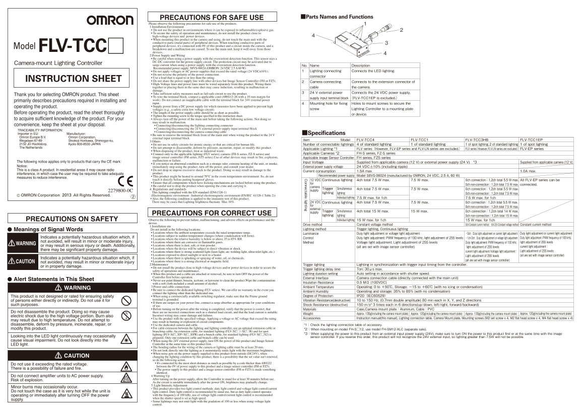 OMRON Sensor Image Processing System FH Series FLV-TCC[] Camera-Mount Lighting Controller Instruction Sheet - Page 1