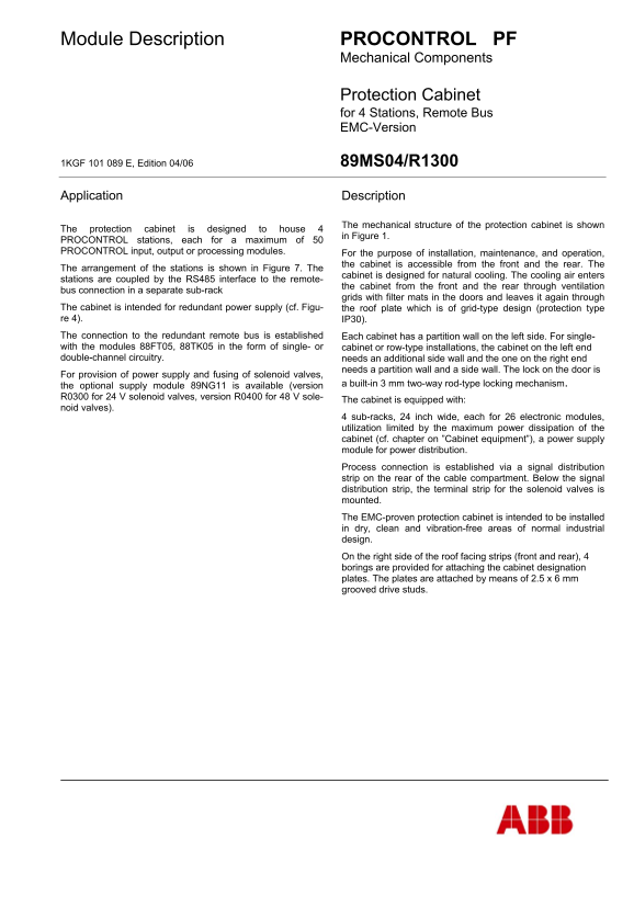 ABB Procontrol P14 89MS04 R1200 Protection Cabinet for 3 Stations, Remote Bus (EMC-Version) Manual - Page 1