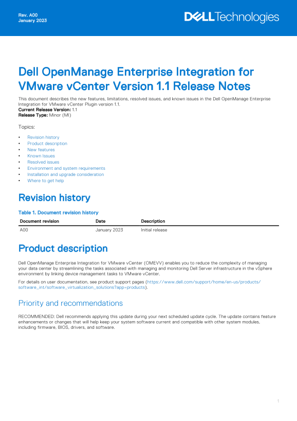 Dell OpenManage Enterprise Integration for VMware vCenter Version 1.1 Release Notes - Page 1