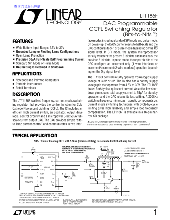 LINEAR TECHNOLOGY LT1186F Data Sheet - Page 1
