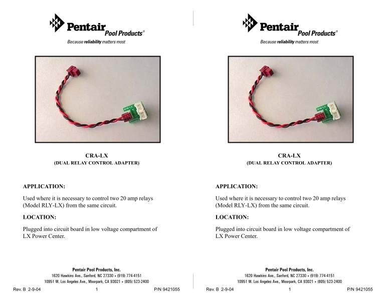 Installation Guide for Compool CRA-LX (Dual Relay Control Adapter) - Page 1