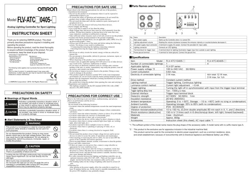 OMRON Sensor Image Processing Peripheral Equipment FLV Series FLV-ATC[]0405-[] Analog Lighting Controller for Spot Lighting Instruction Sheet - Page 1