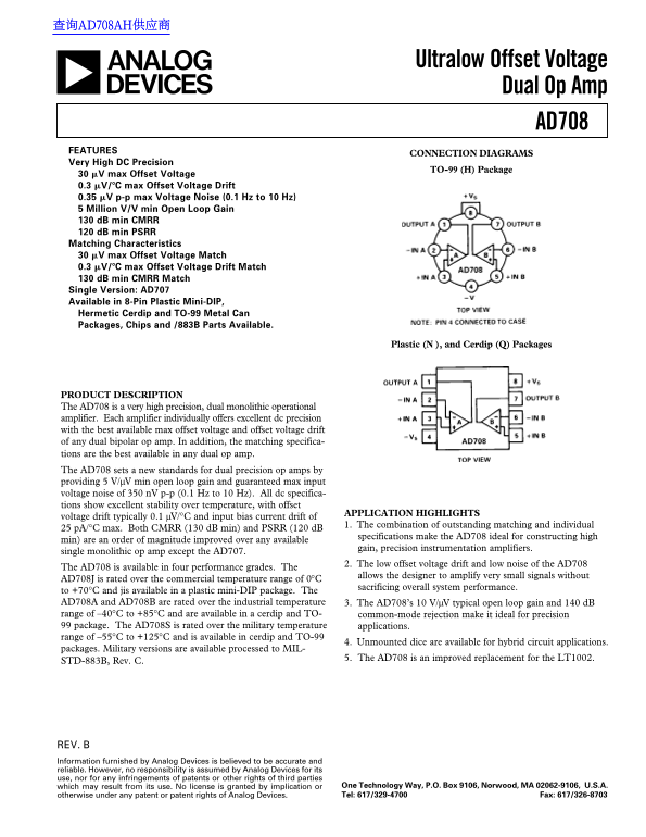 AD Ultralow Offset Voltage Dual Op Amp AD708 Data Handbook (1) User Manual - Page 1