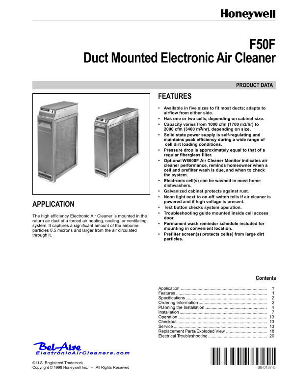Honeywell F50F Duct Mounted Electronic Air Cleaner User's Manual - Page 1