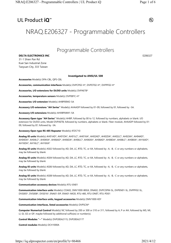 Delta Industrial Automation PLC Programmable Controller UL File Number E206327 UL Online Certifications Directory Safety Certification - Page 1