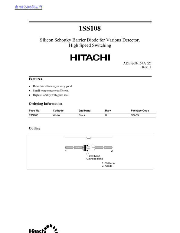 HITACHI Silicon Schottky Barrier Diode 1SS108 Data Manual for Various Detectors, High-Speed Switching - Page 1