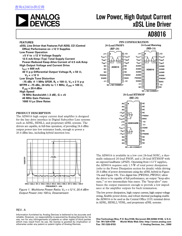 AD8016 Low Power, High Output Current xDSL Line Driver Data Sheet Manual - Page 1
