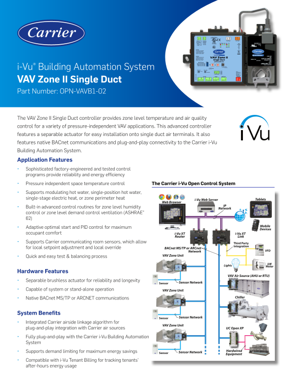Carrier 35E i-Vu Open VAV Zone II Single Duct Product Data Sheet - Page 1