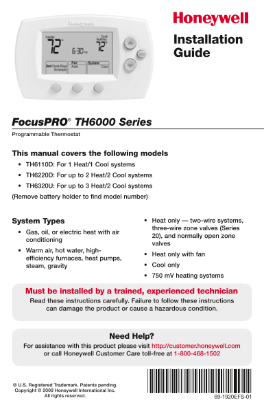 Honeywell FocusPRO TH6000 Series Installation Guide - Page 1