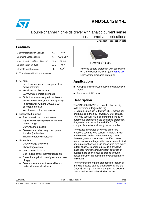 ST VND5E012MY-E Data Handbook - E High-side dual channel driver with analog current sensing for automotive applications. Owner's Manual and User Guide. - Page 1