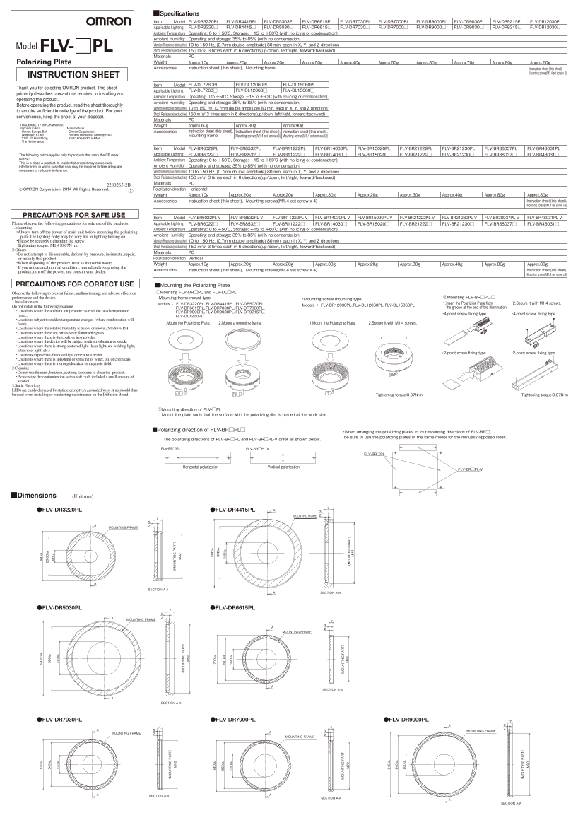 OMRON Image Processing System FZ5 Series FLV-[]PL Polarizing Plate Instruction Sheet - Page 1
