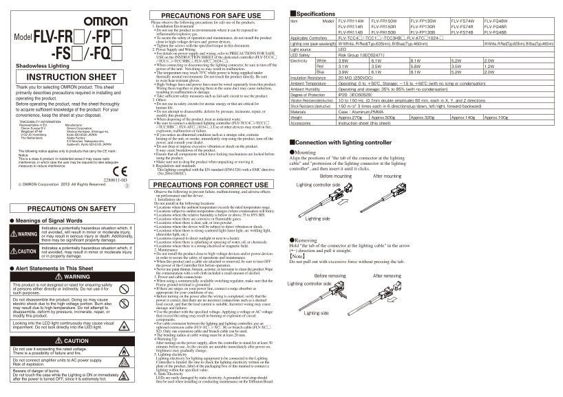 OMRON Sensor Image Processing Peripheral Equipment FLV Series FLV-FR[][][][] FP[][][][] FS[][][][] FQ[][][][] Shadowless Lighting Instruction Sheet - Page 1