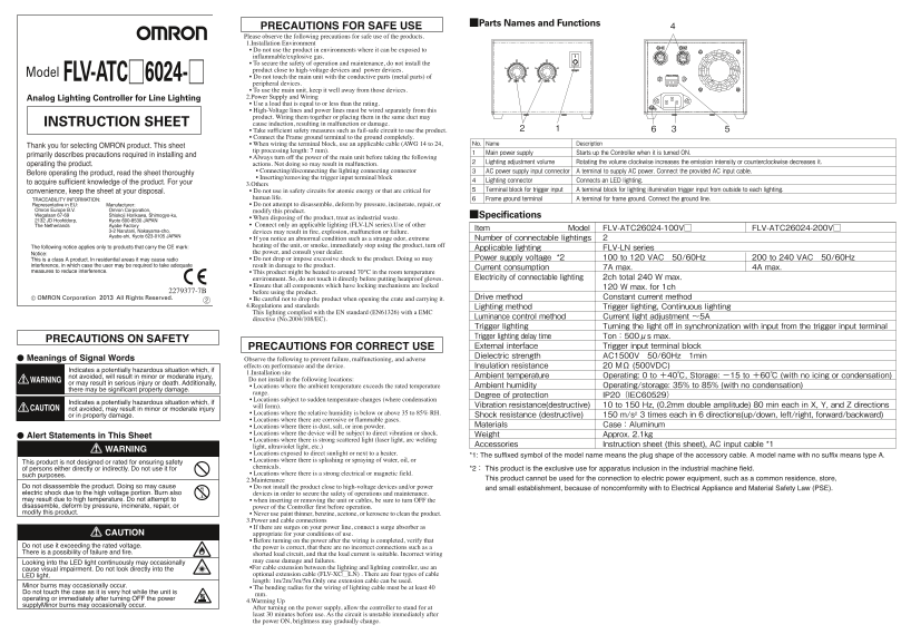 OMRON Sensor Image Processing Peripheral Equipment FLV Series FLV-ATC[]6024-[] Analog Lighting Controller for Line Lighting Instruction Sheet - Page 1