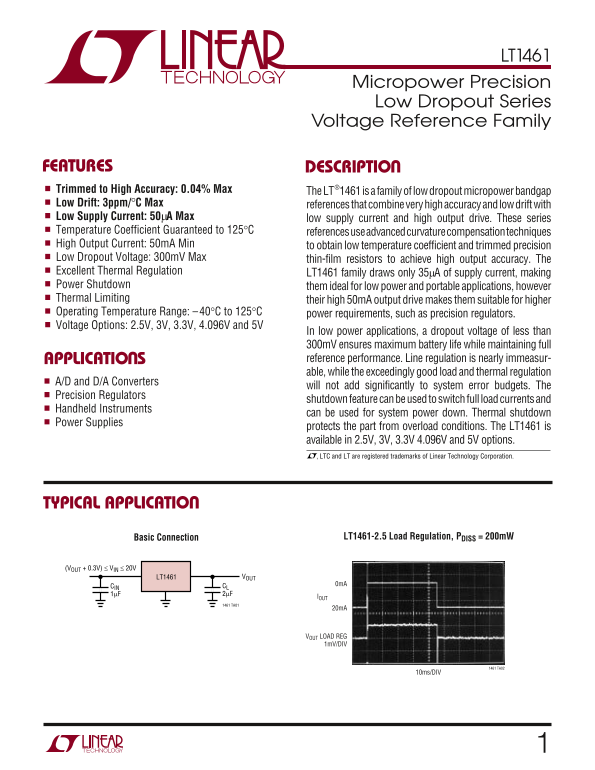 LINEAR TECHNOLOGY LT1461 Micropower Precision Low Dropout Series Voltage Reference Family Specification Guide User Manual - Page 1