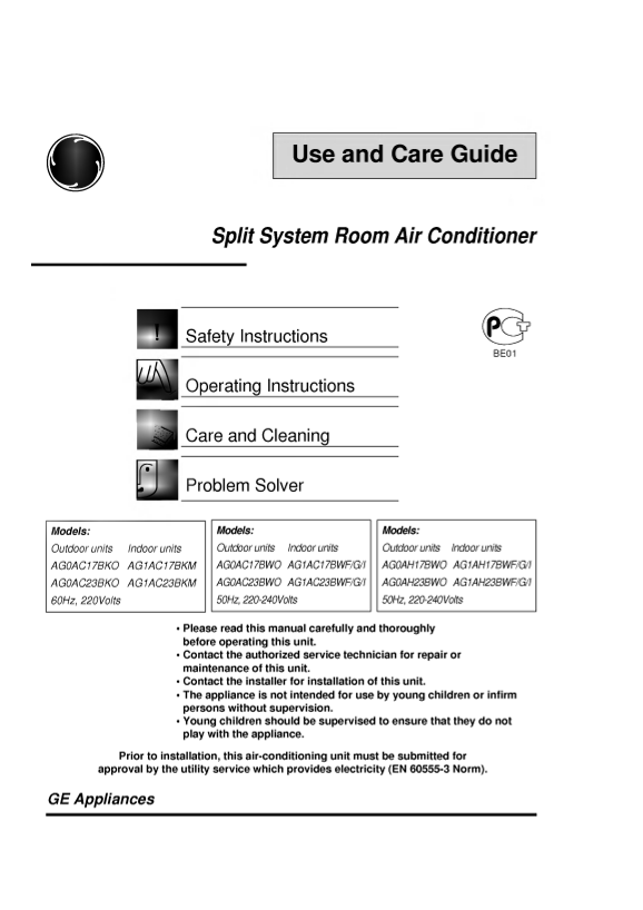 LG Split Air Conditioner Wall Mount Unit LS-D2461CE.DWZGEC User Manual - English - Page 1