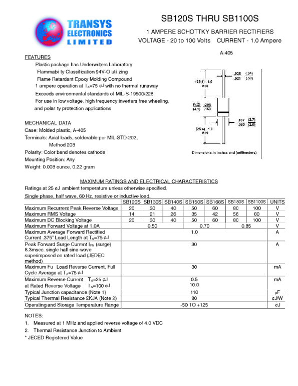TRANSYS ELECTRONICS SB120S TO SB1100S Data Sheet - Page 1