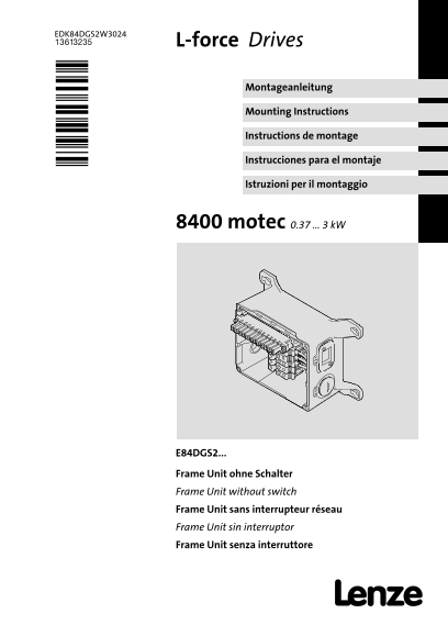 Lenze Accessory Product Extensions - Mounting Kits, Wall Adapter E84DZ Installation Guide / Mounting Instructions E84DGS2 8400 Motec Frame Unit (Language: DE ES IT FR EN) - Page 1