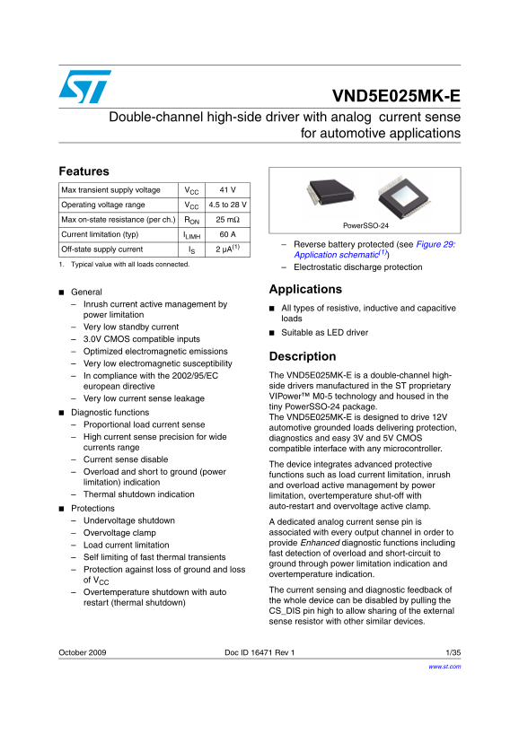 ST VND5E025MK-E High-Side Dual-Channel Driver with Analog Current Sensing for Automotive Applications - Data Manual / Owner's Guide - Page 1