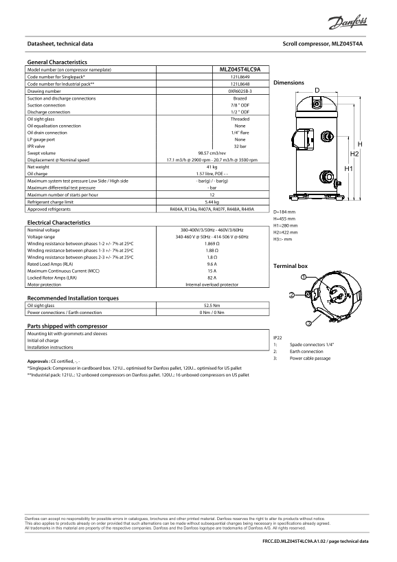 Danfoss Datasheets MLZ045T4A - Page 1