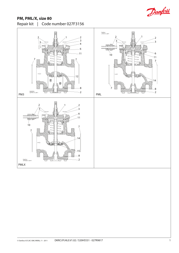 Danfoss Repair Kit, PM, PML X, Size 80 - Code Number 027F3156 Installation Guide - Page 1