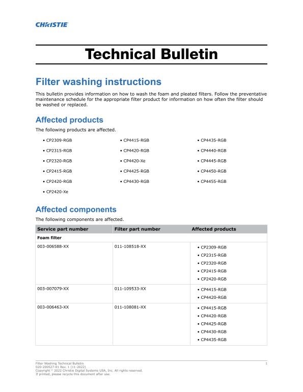 Christie Filter Washing Instructions Technical Bulletin - Page 1