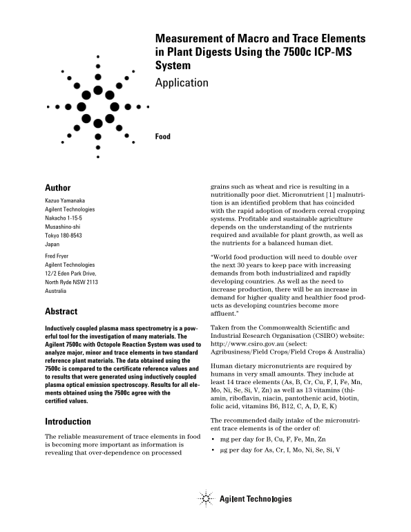 Agilent Measurement of Macro and Trace Elements in Plant Digests Using the 7500c ICP-MS System - Page 1