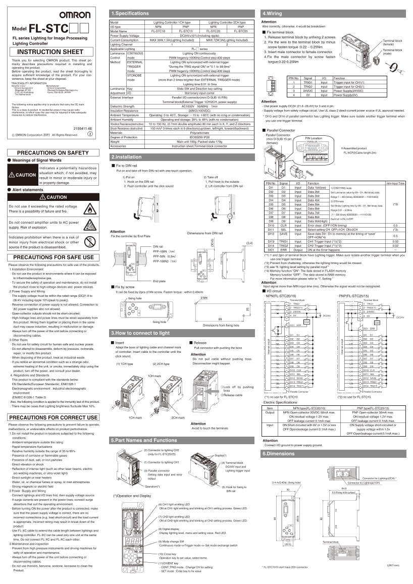 OMRON FL Series Lighting for Image Processing FL-STC Lighting Controller Instruction Sheet - Page 1