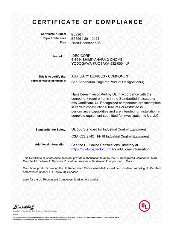 IDEC HE2G (c-UL) Certification and Standards - Page 1