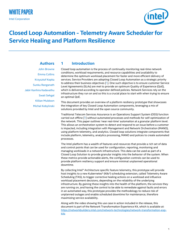 Intel White Paper Closed-Loop Automation - Telemetry-Aware Scheduler for Service Repair and Platform Recovery - Page 1