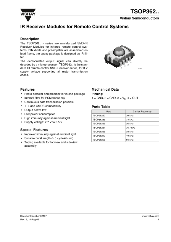 Vishay TSOP362.. User Guide Manual - Page 1