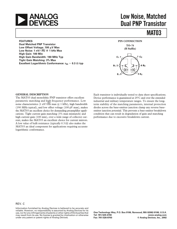 AD MAT03 Low Noise, Matched Dual PNP Transistor Data Sheet User Manual - Page 1