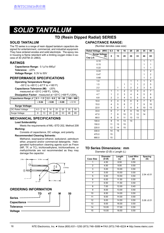 NTE Electronics, Inc SOLID TANTALUM TD (Resin Dipped Radial) SERIES Owner's Manual User Guide - Page 1